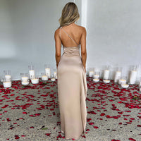 Women's Satin One Shoulder Ruched Maxi Dress with High Slit - image 4