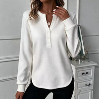 Womens V-neck, Buttoned Long-sleeve Top With A Double-curved Hem - image 1