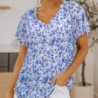 Blue Flutter Sleeve V Neck Floral Summer Blouse - image 1