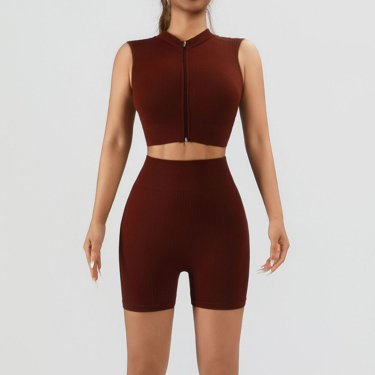 Women's 2 Piece Ribbed Workout Set, Zip Front Sleeveless Crop Top and High Waist Biker Shorts - image 6