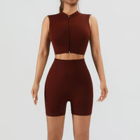Women's 2 Piece Ribbed Workout Set, Zip Front Sleeveless Crop Top and High Waist Biker Shorts - image 6