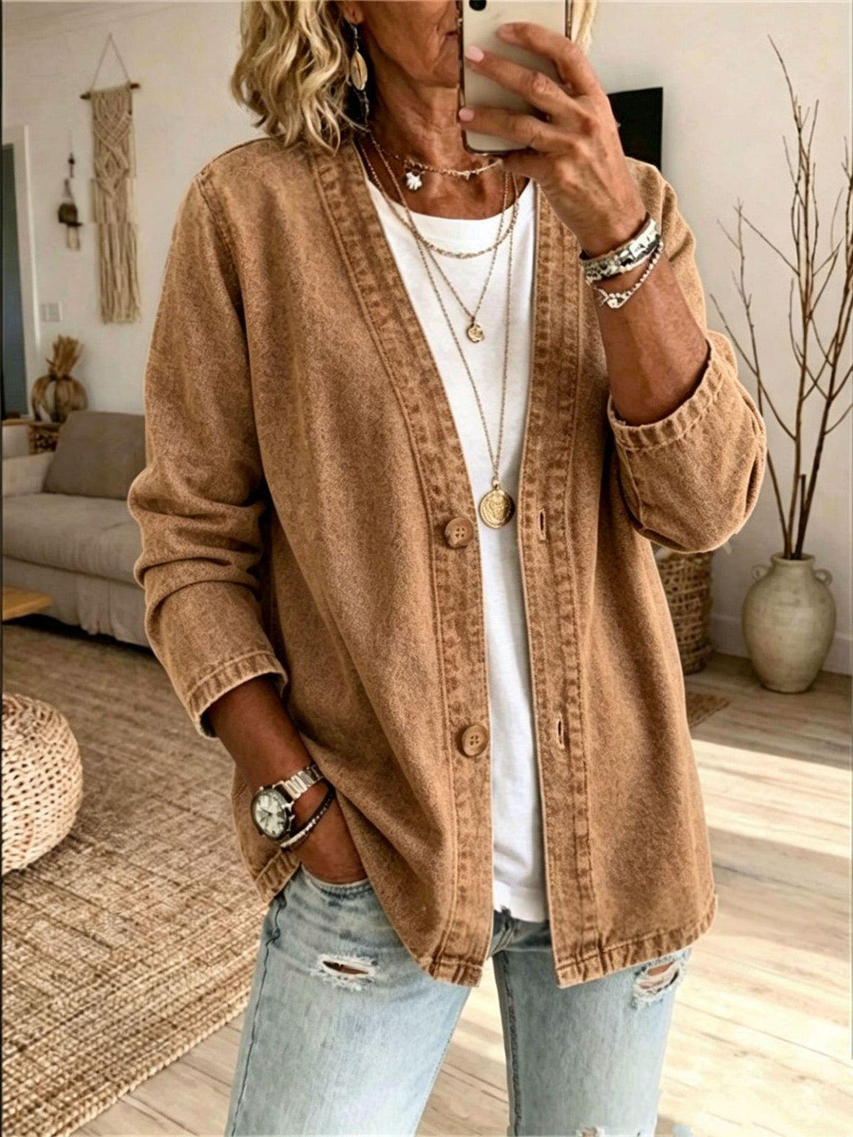 Women's Casual Denim Cardigan Jacket Long Sleeve Button Front Jean Coat Top - image 5