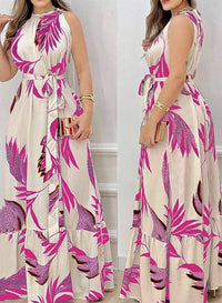Women's Leaf Print Halter Neck Sleeveless Maxi Dress with Tie Waist - image 3