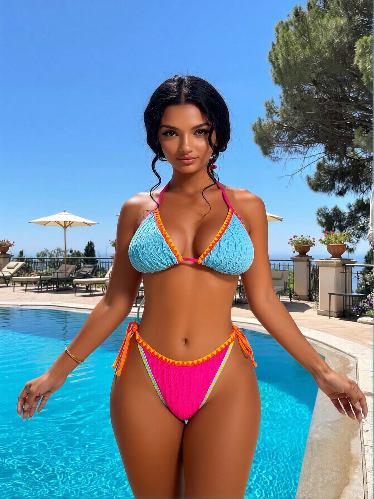 Color Block Textured Triangle Bikini Set With Geometric Trim Side Tie - image 4