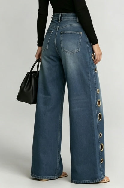 Jeans holgados de pierna ancha con ojales y lavado vintage - image 7