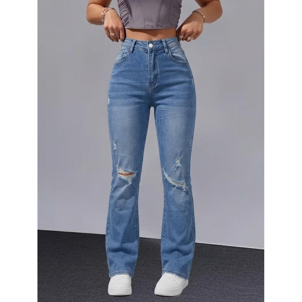 Distressed Cuffed Cropped Straight Leg Jeans