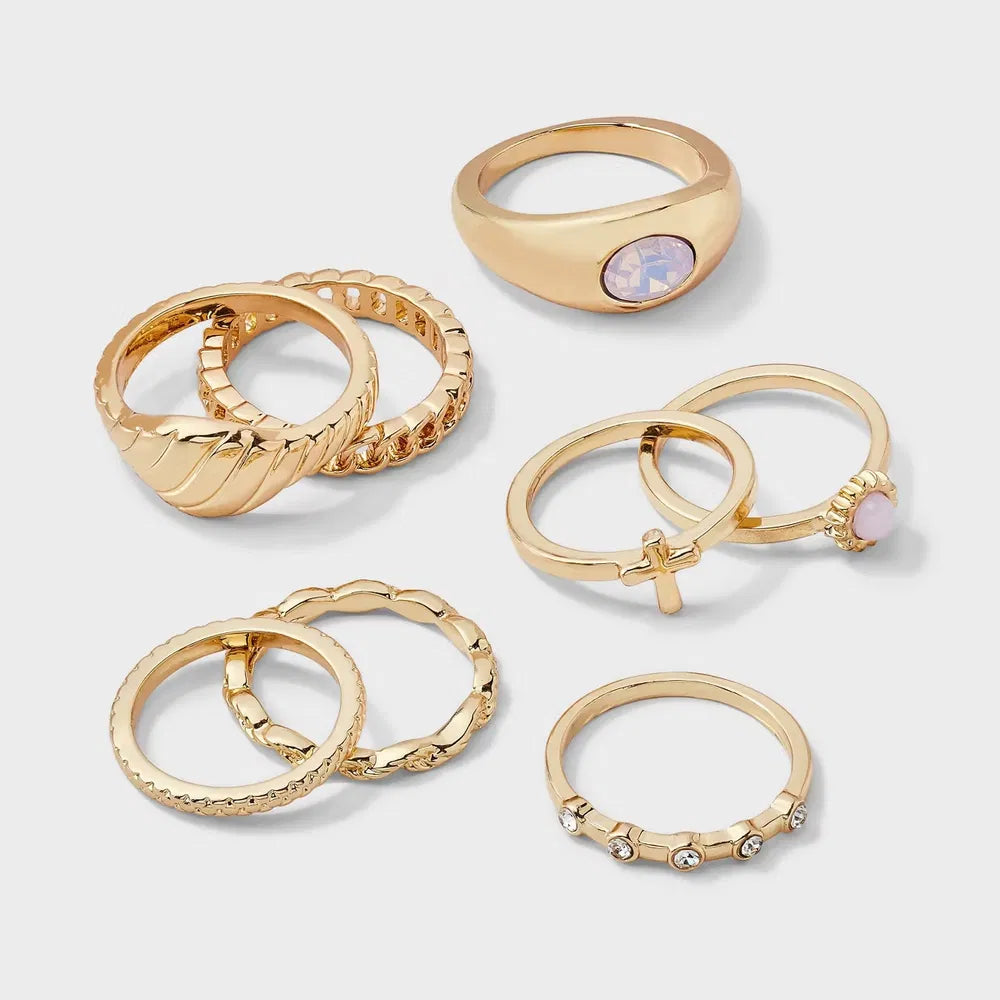 Cross & Sun 8-Piece Gold Ring Set