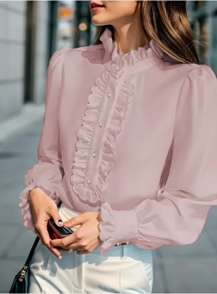 Women's Ruffle Stand Collar Long Sleeve Blouse - image 3