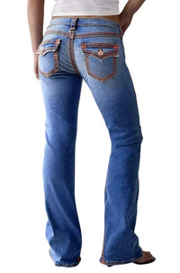 Western Jeans Women Embroidered Pocket Straight Leg Blue Denim Pants Vintage - image 2