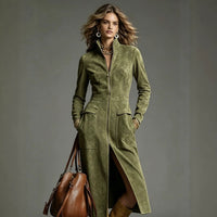Stand Collar Zip Faux Suede Long Dress - image 4