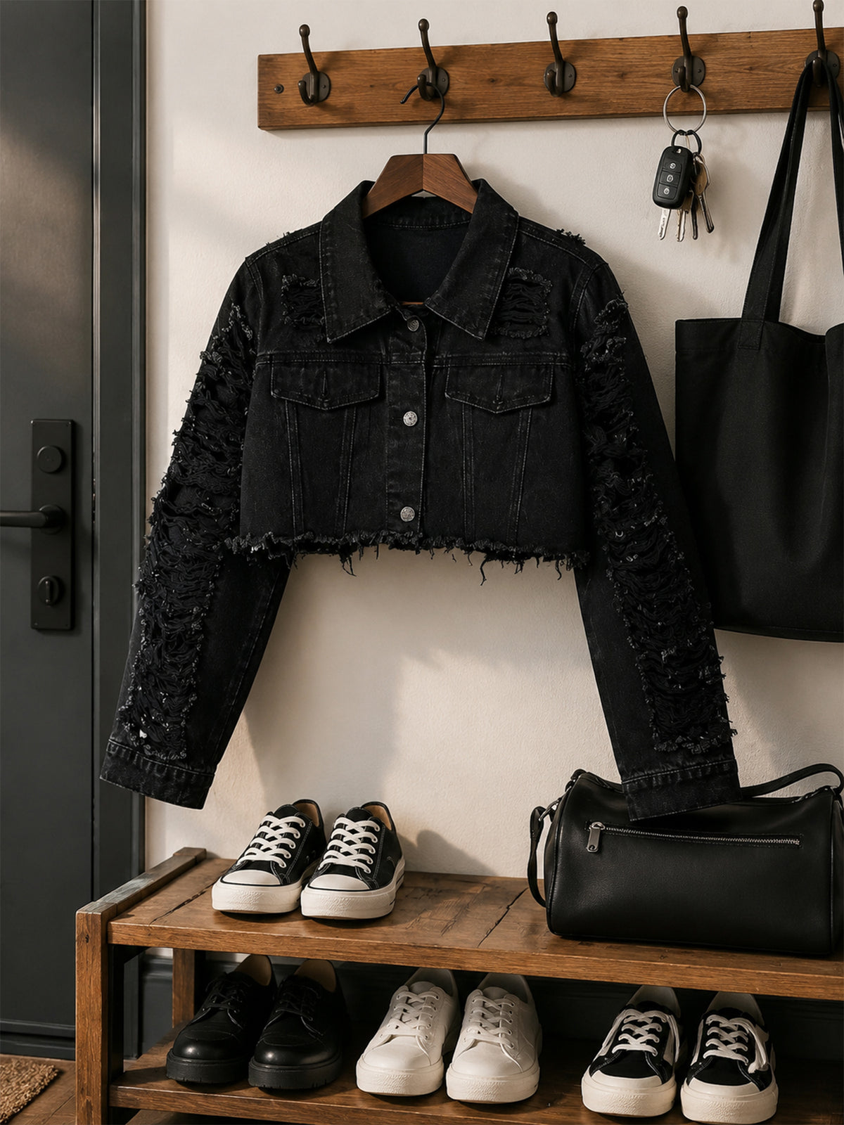 Women's Distressed Denim Jacket and Shorts Set, Black - image 2