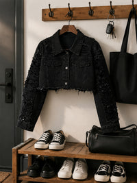 Women's Distressed Denim Jacket and Shorts Set, Black - image 2