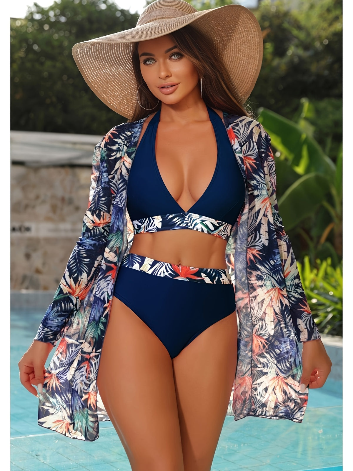 Women's Navy Contrast Leaf Print Swimwear, Deep Halter Top High Cut Bottom Matching Beach Robe - image 3