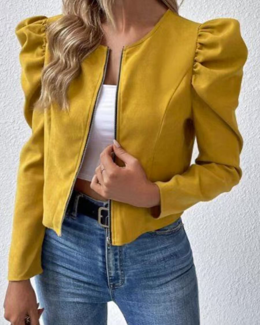 Puff Sleeve Zip-Up Round Neck Cardigan - image 9