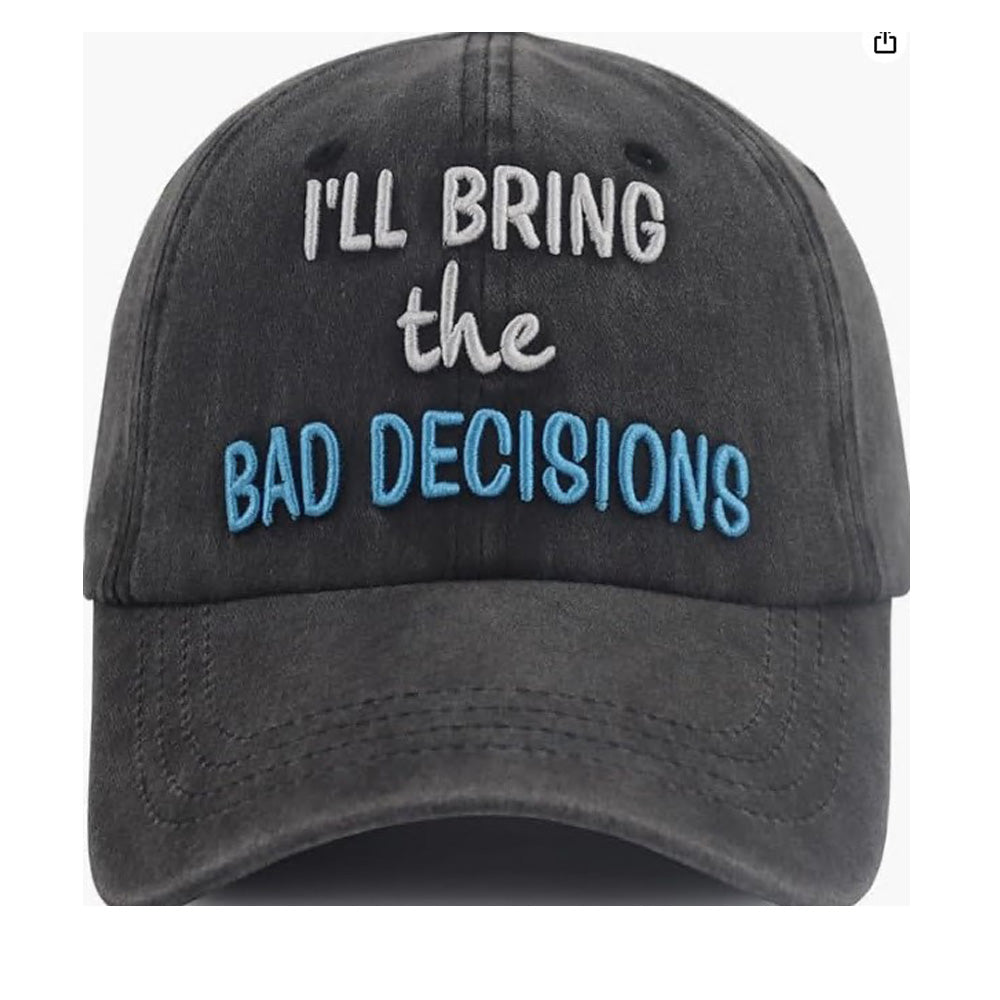 2pcs Washed Distressed Baseball Cap , Embroidery I'll Bring The Bad Decisions Funny Hat, Summer Lightweight Cotton Adjustable Trucker Hat