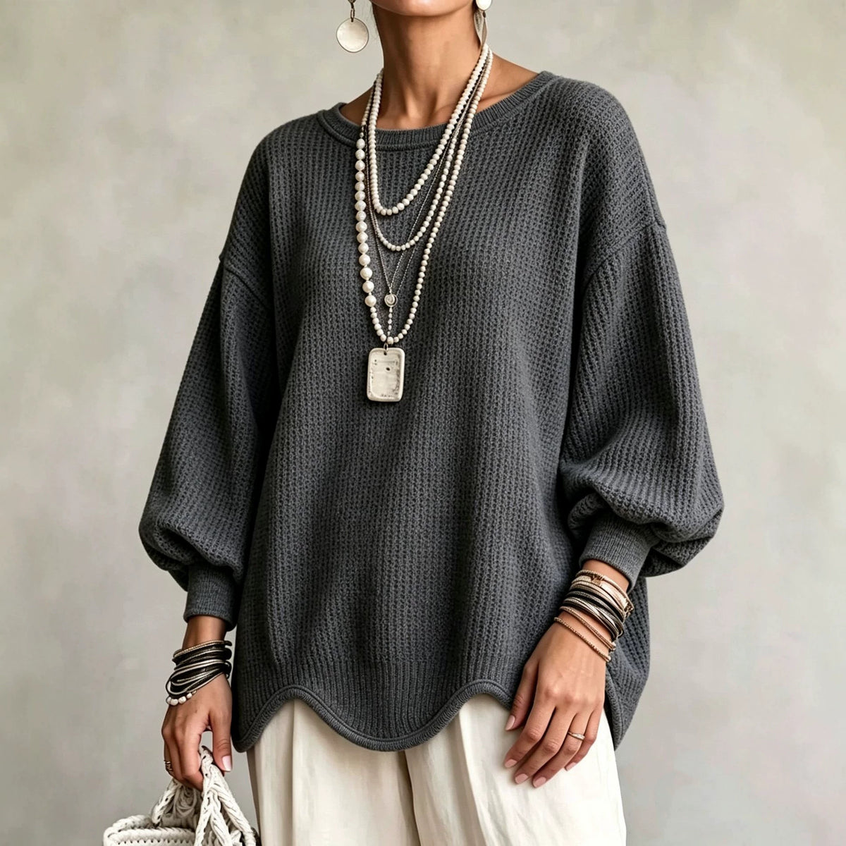 Lantern Sleeve Top with Wavy Hem - image 2