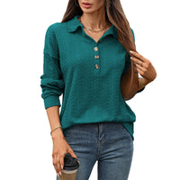 Solid Color Polo Collar Button Loose Long Sleeve Sweatershirt - image 6