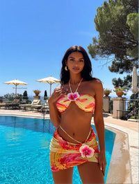 Women's Color Block Flower Bikini with Mesh Skirt Cover Up - image 3