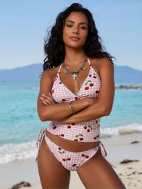 Women's Pink Gingham Cherry Print Halter Bikini - image 3