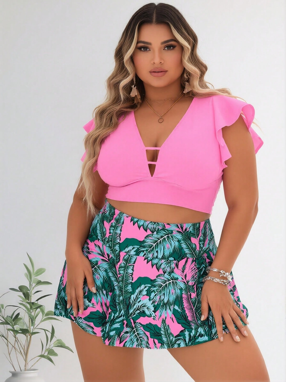 Women's Plus Size Hot Pink Ruffle Top with Palm Print Swim Skirt - image 4
