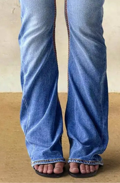 Western Jeans Women Embroidered Pocket Straight Leg Blue Denim Pants Vintage - image 8