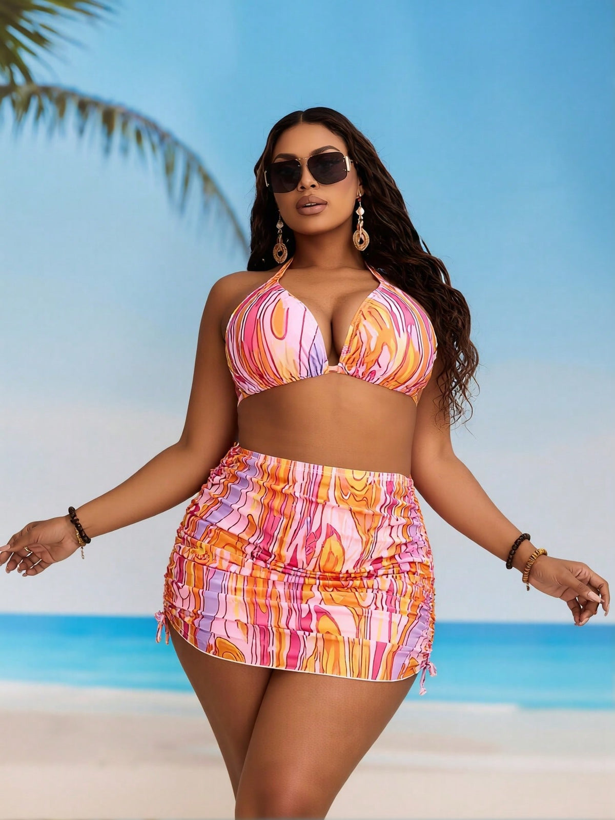 Women's Plus Size Gradient Halter Bikini with Skirt Cover Up, 3 Piece - image 2