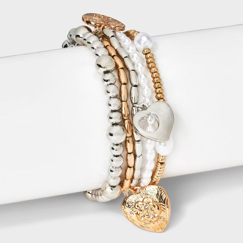 Heart Charm & Pearl Beaded Bracelet 5-Piece Set - Gold