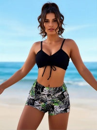 Solid Black Ruched Crop Swim Top, Jungle Leaf Print High Cut Conservative Bathing Suit Set - image 3