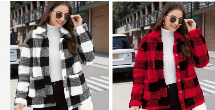 Women's Buffalo Plaid Fuzzy Jacket, Lapel Button Front Coat with Pockets - image 10