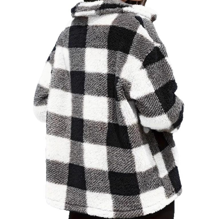 Women's Buffalo Plaid Fuzzy Jacket, Lapel Button Front Coat with Pockets - image 7