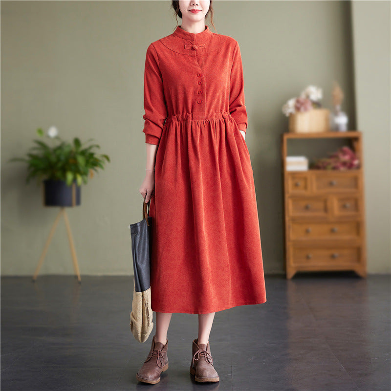 Stand Collar Button Corduroy Dress - image 9