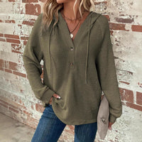 Waffle Hooded Sweater Sweatshirt Fashion Casual Long-sleeved Drawstring V-neck Buttons Top Women's Clothing - image 3