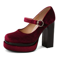 Velvet Mary Jane Block Heel Platform Shoes - image 9