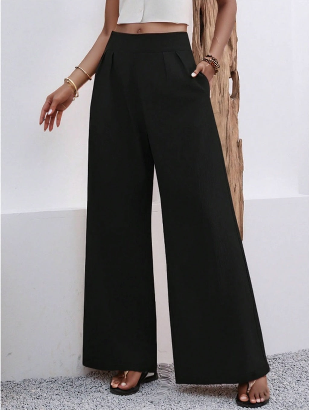 Solid Color Loose Wide Leg Elegant Pants With Pocket - image 4