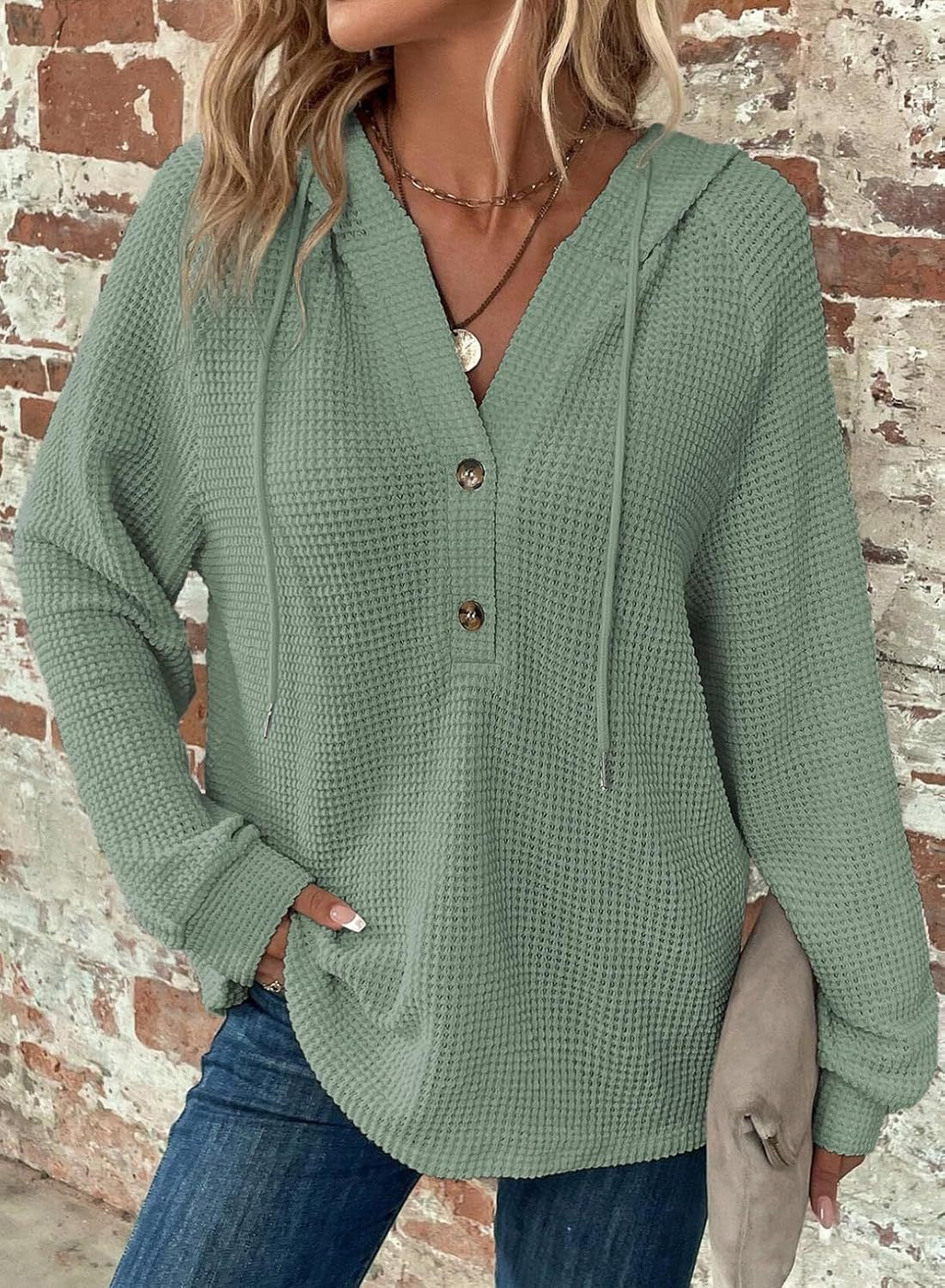 Waffle Hooded Sweater Sweatshirt Fashion Casual Long-sleeved Drawstring V-neck Buttons Top Women's Clothing - image 8