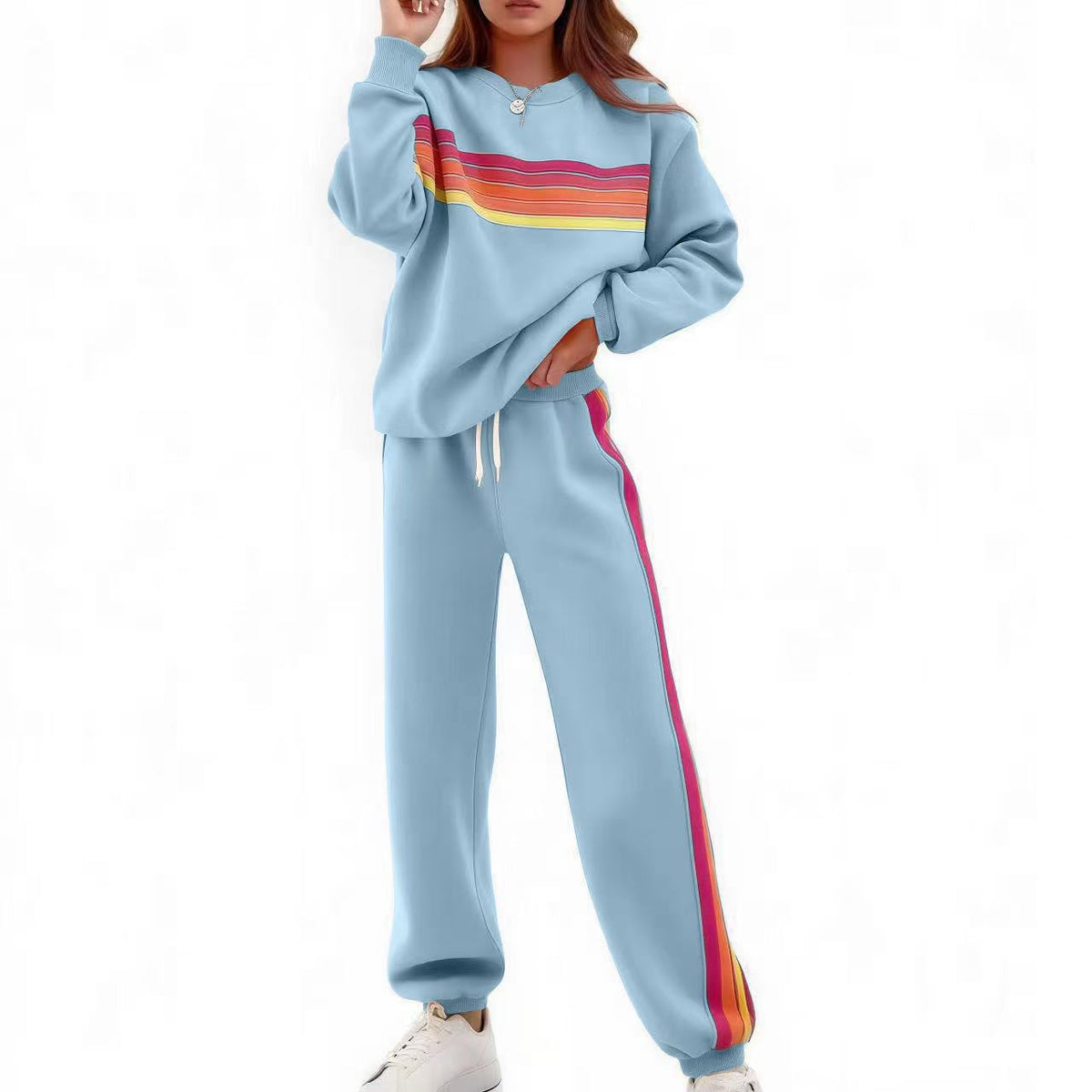 Round Neck Loose Color Stripes Elastic Waist Pants Sweater Suit - image 7