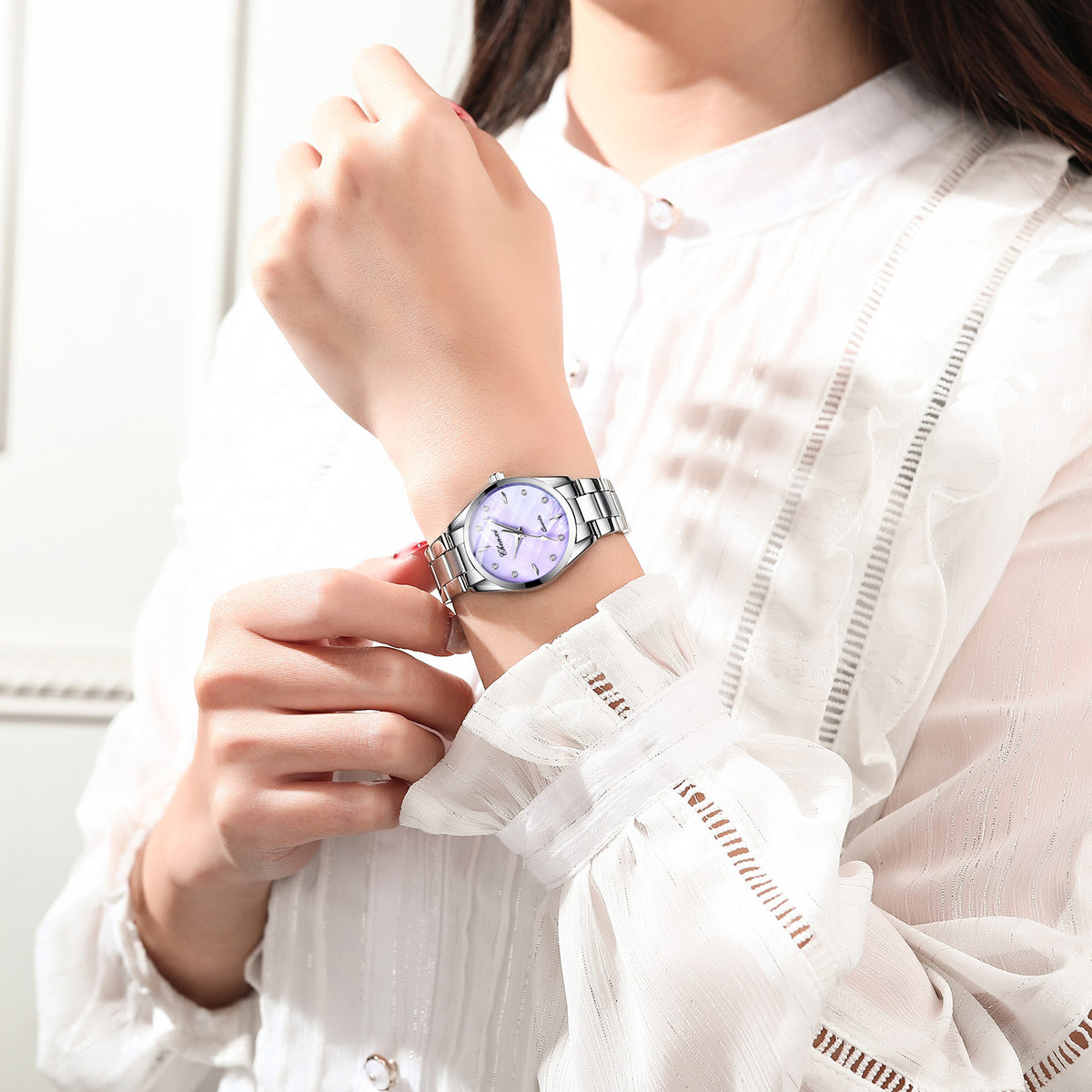 Mother-of-Pearl Dial Rhinestone Steel Watch - image 2