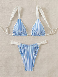 Blue White Stripe Ruffle Ruched High Cut Triangle Bikini Set - image 1