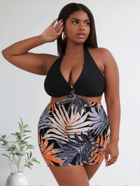 Traje de baño halter negro con aro y falda de palmeras, tallas grandes - image 1