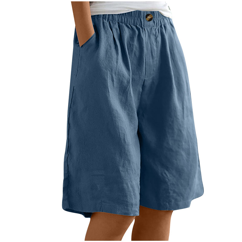 Women's Casual High Waist Loose Fit Solid Color Shorts - Button & Elastic Waist With Pockets - image 12