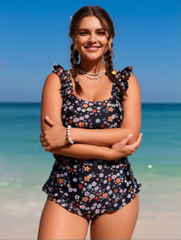 Plus Size Women's Sexy Fashion Black Floral Ruffled Two-Piece Boyleg Swimsuit For Vacation & Leisure - image 3