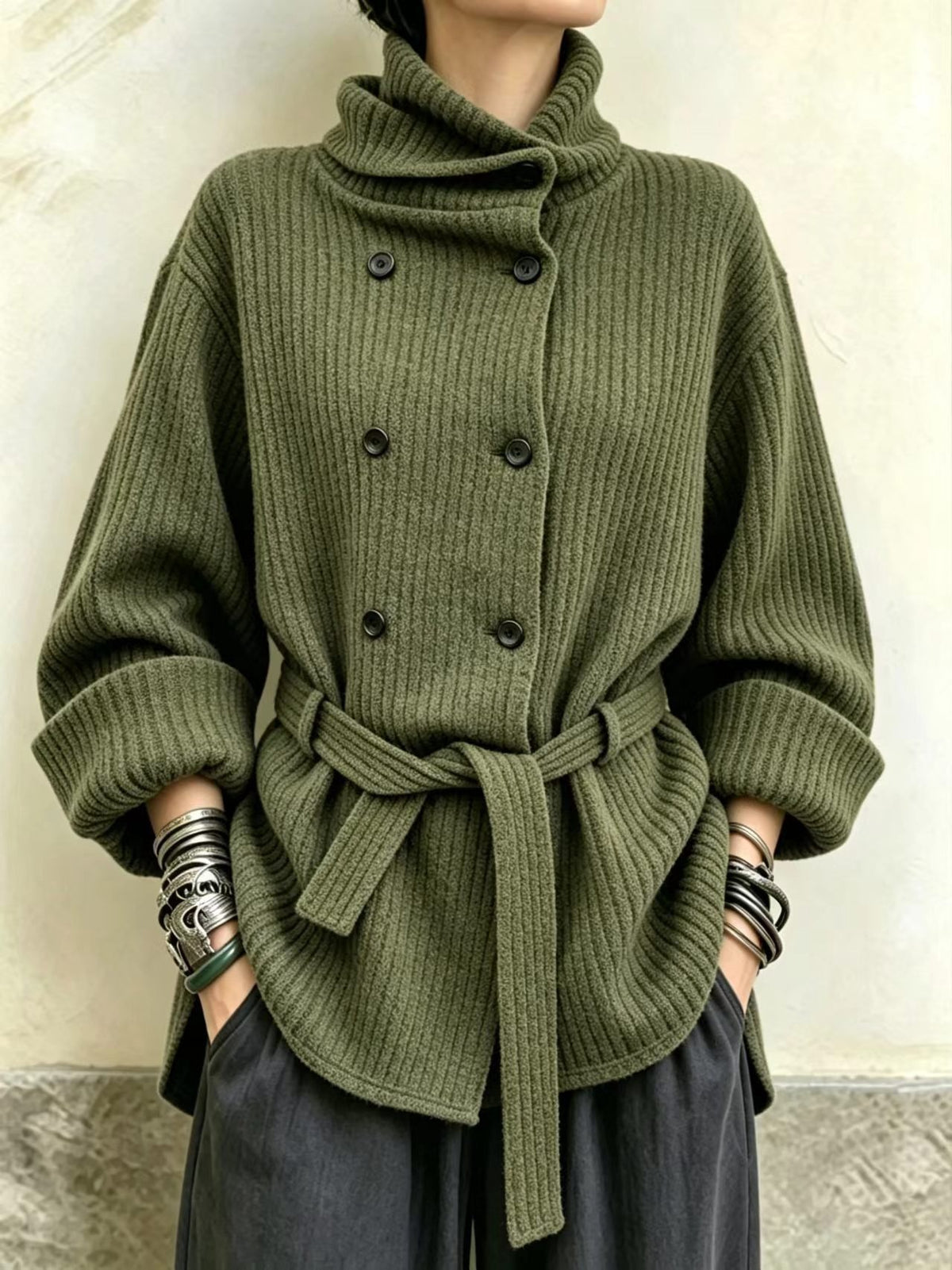 Ribbed Knit Double-Breasted Turtleneck Sweater - image 7