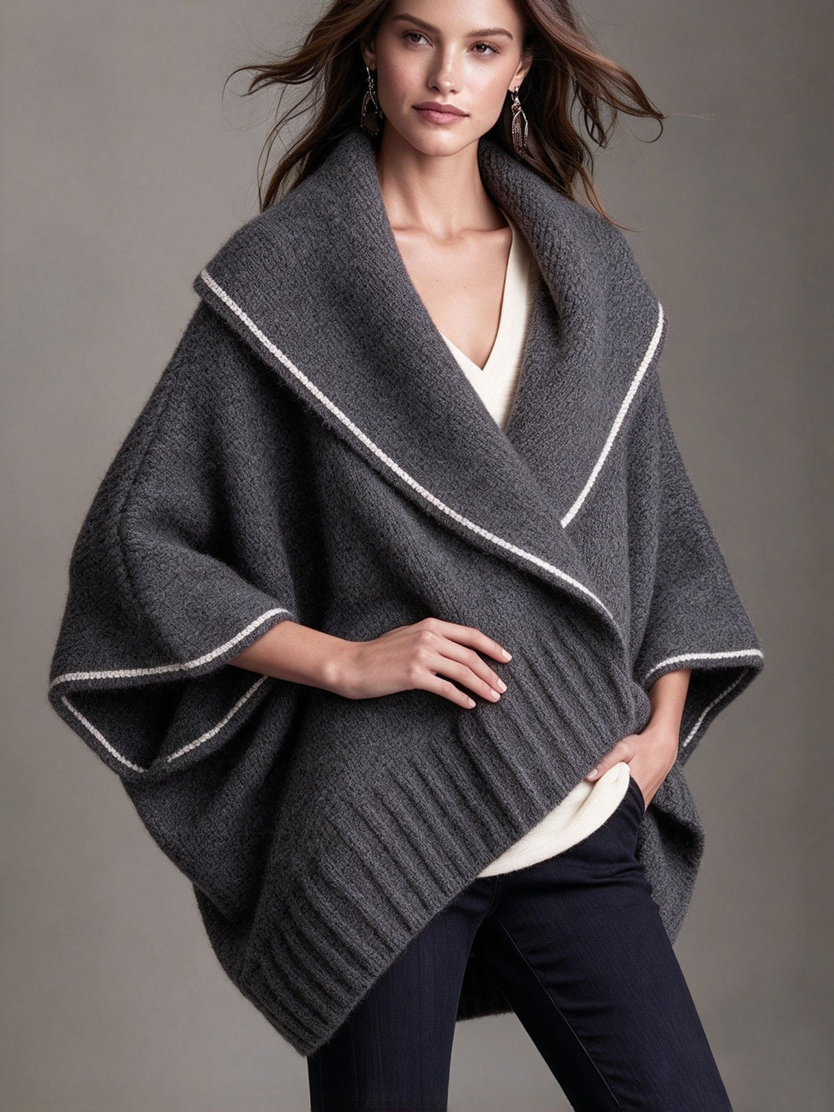 Knit Cape Shawl Coat with Contrast Trim - image 7