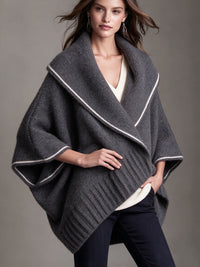 Knit Cape Shawl Coat with Contrast Trim - image 7