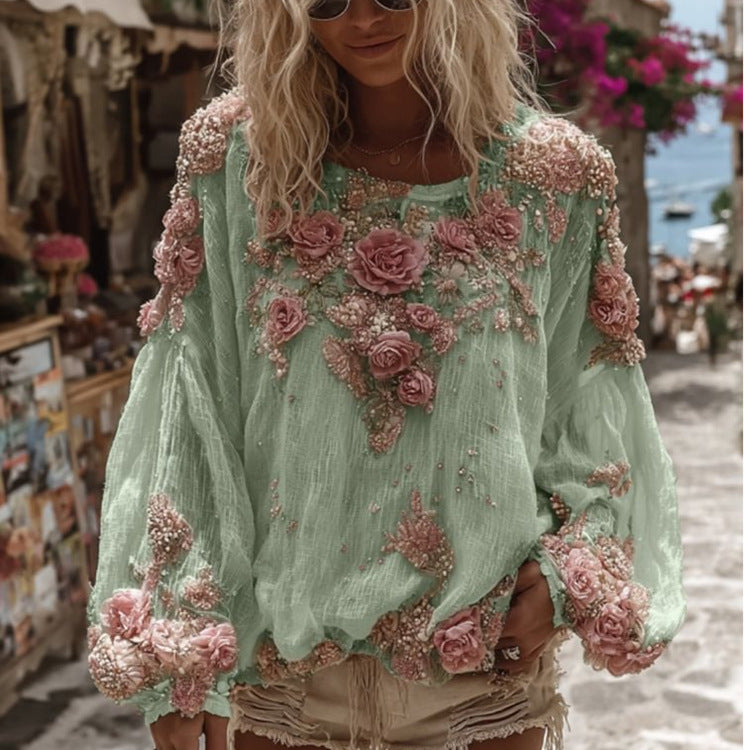 Blusa holgada de manga larga con flores en relieve - image 9