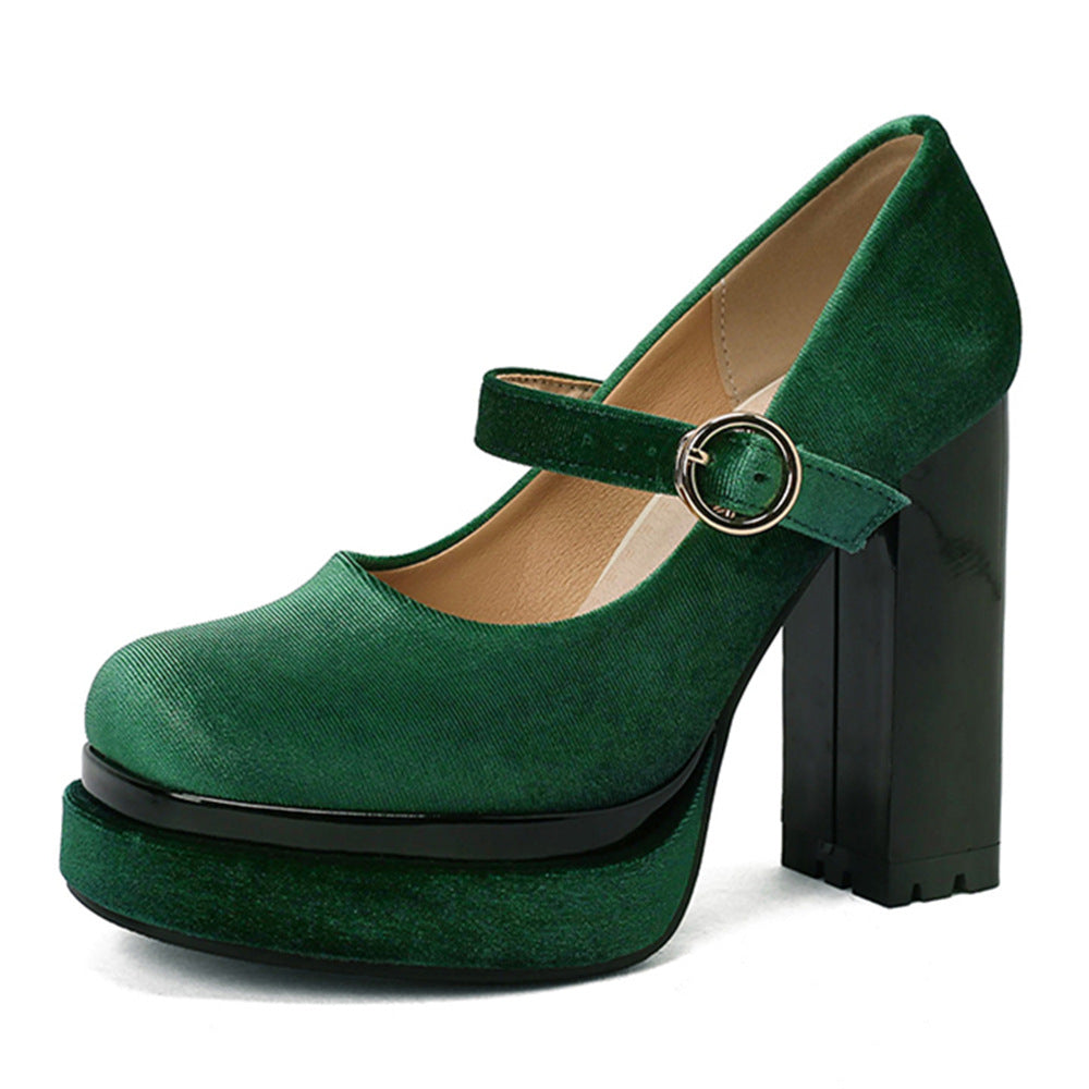 Velvet Mary Jane Block Heel Platform Shoes