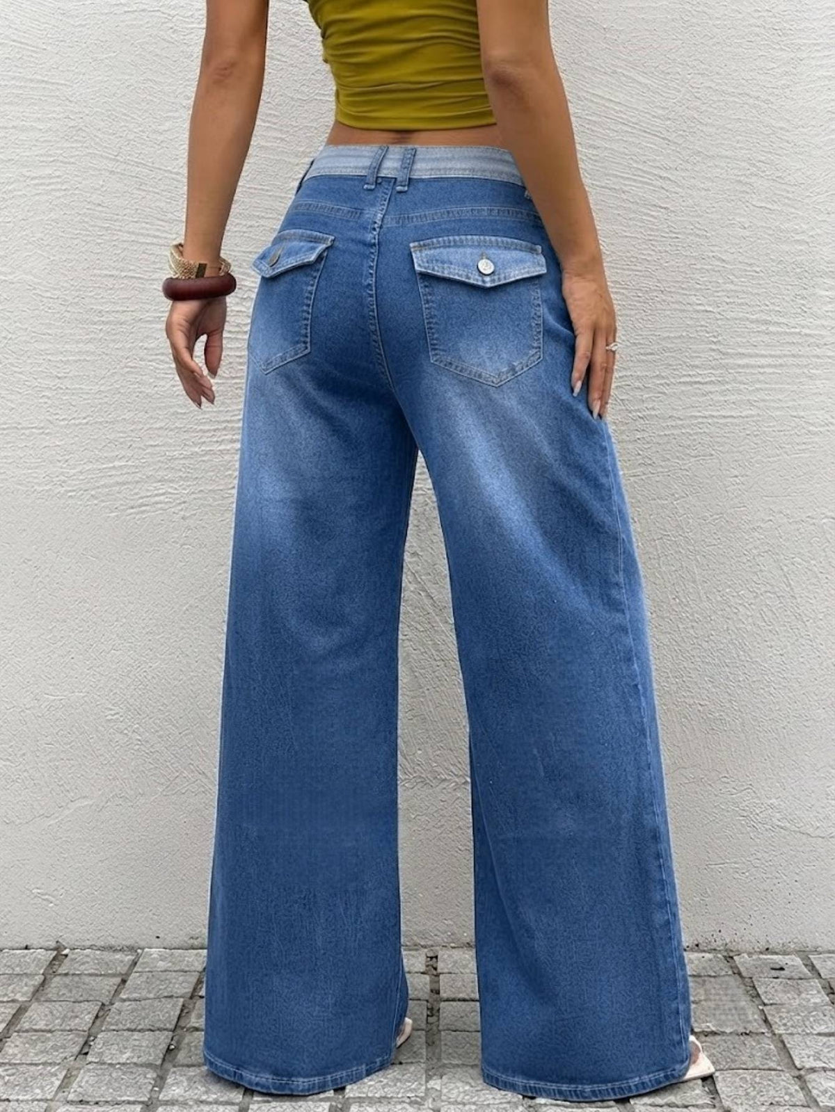 Contrast Waistband Medium Blue Wide Leg Jeans - image 3