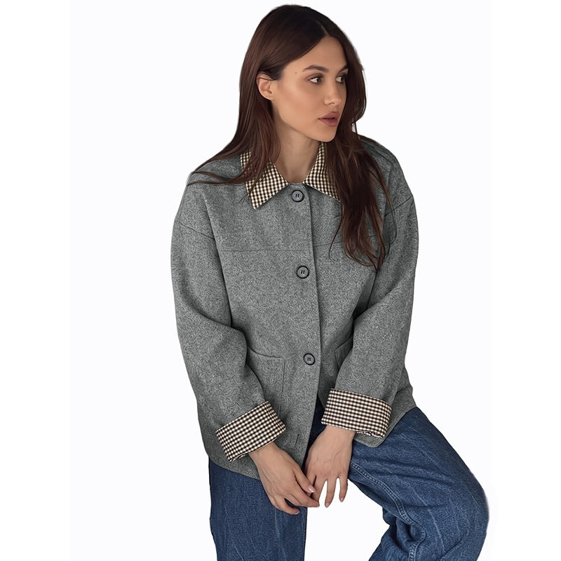 Women's Plaid Contrast Lapel Short Wool Coat - image 5