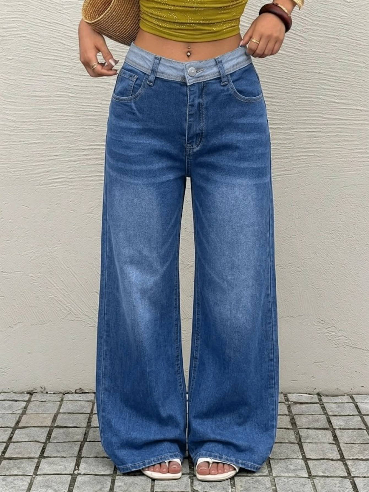 Contrast Waistband Medium Blue Wide Leg Jeans - image 6