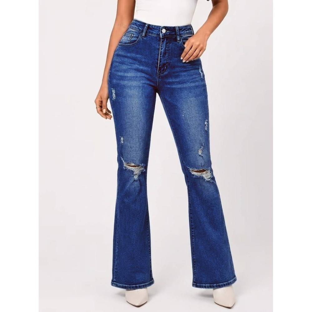 Medium Blue High-Waist Ripped Flare Jeans
